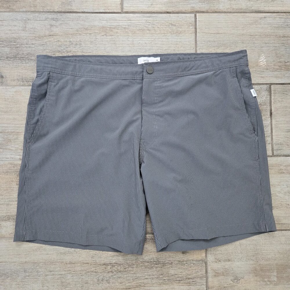 Onia The Calder Swim Trunks Mens Grey Pinstripe Lined Performance Stretch 38
